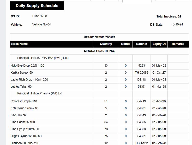 Daily supply schedule report by stock, batch and principal - SyberEdge Distribution ERP