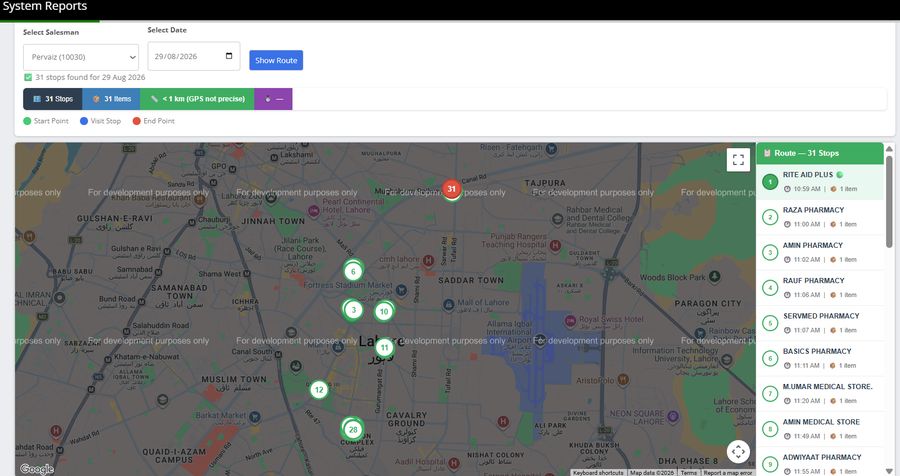 Live GPS route tracking map with 31 delivery stops - SyberEdge Distribution Software