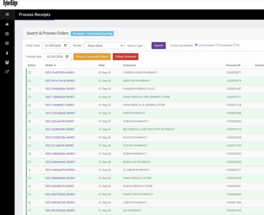 Bulk order processing screen for pharmacy customer receipts - SyberEdge Distribution ERP
