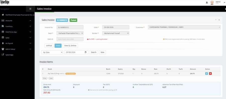 FBR-integrated sales invoice with GST tax breakdown - SyberEdge Distribution Software