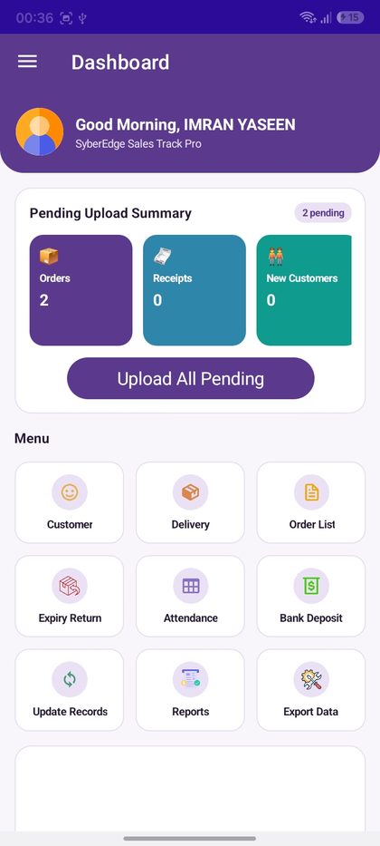 Sales Track Pro mobile app field sales rep dashboard with pending upload summary