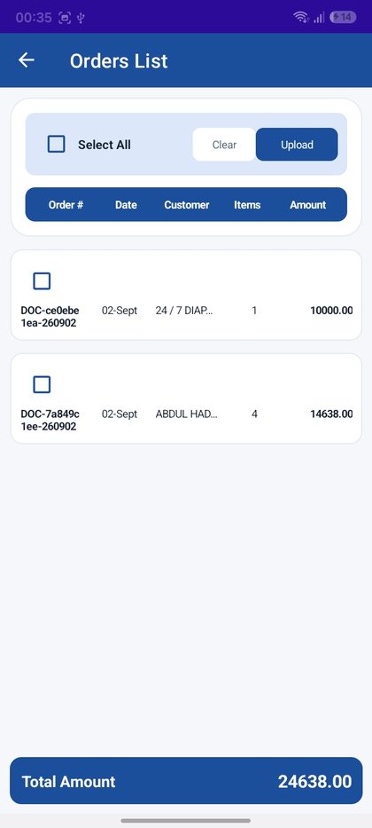 Sales Track Pro mobile app orders list ready for upload to ERP
